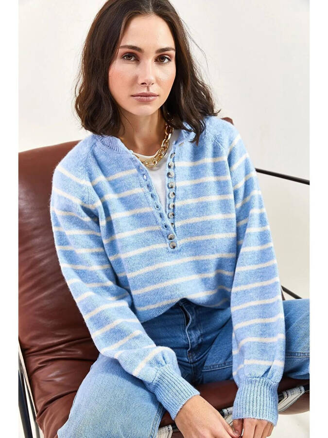 Women's Buttoned Fisherman's Ribbed Striped Knitwear Sweater-Blue - 1