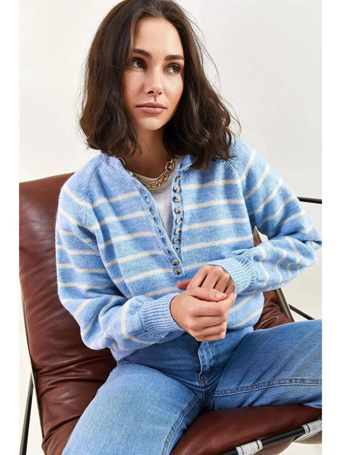 Women's Buttoned Fisherman's Ribbed Striped Knitwear Sweater-Blue - 2