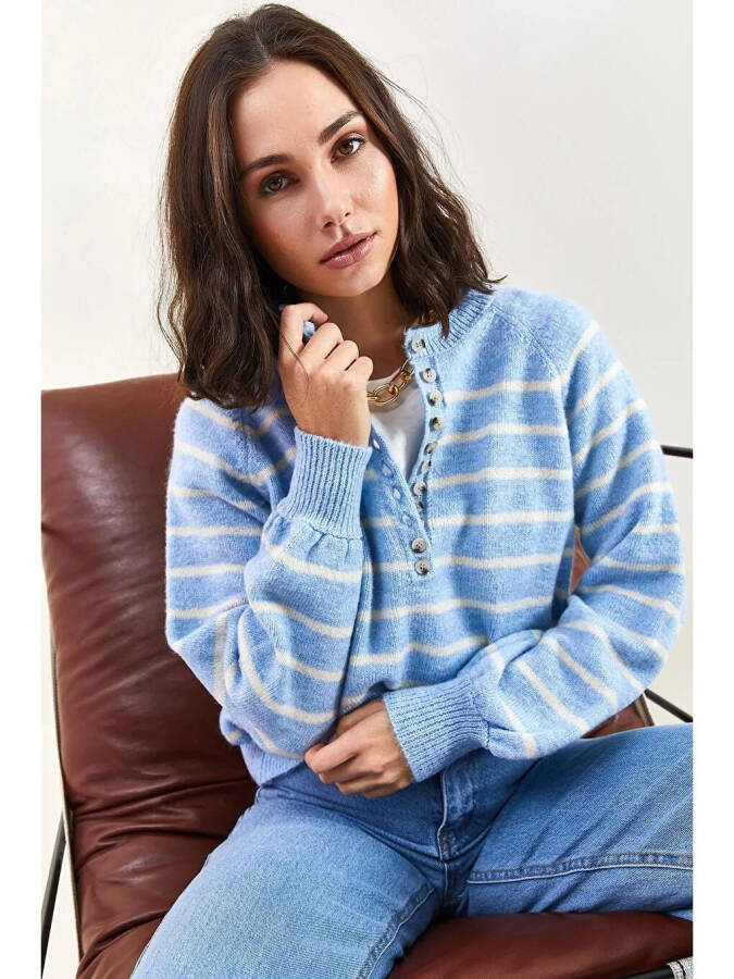 Women's Buttoned Fisherman's Ribbed Striped Knitwear Sweater-Blue - 3