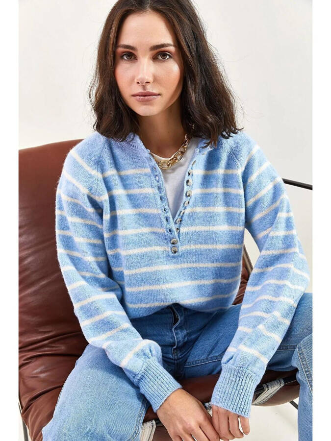 Women's Buttoned Fisherman's Ribbed Striped Knitwear Sweater-Blue - 4