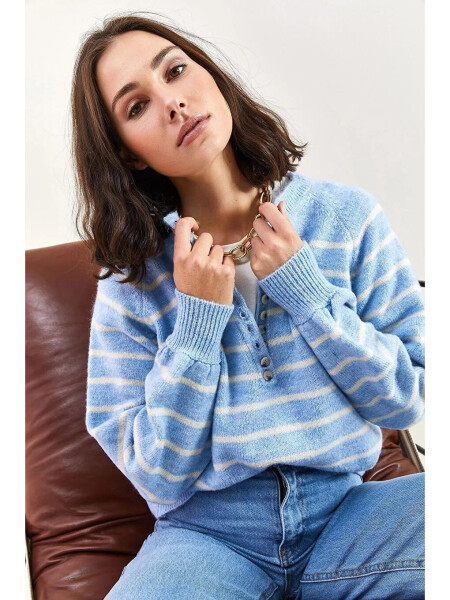 Women's Buttoned Fisherman's Ribbed Striped Knitwear Sweater-Blue - 5