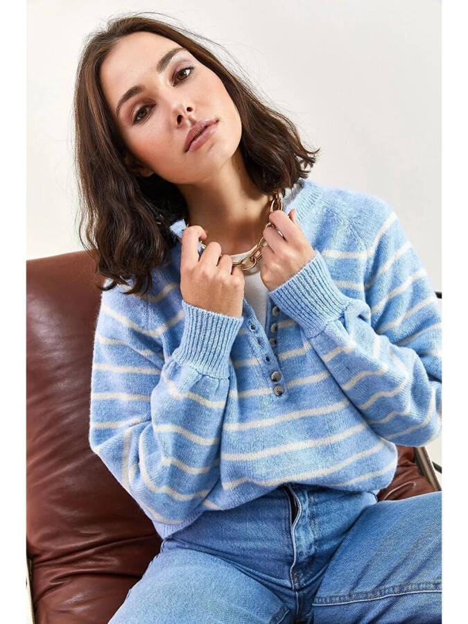 Women's Buttoned Fisherman's Ribbed Striped Knitwear Sweater-Blue - 5