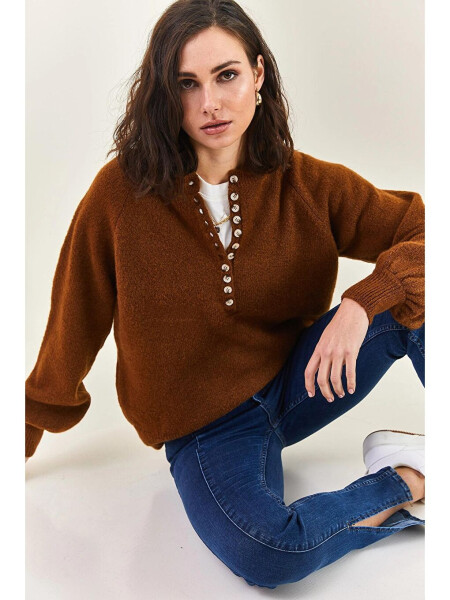 Women's Buttoned Fisherman's Ribbed Striped Knitwear Sweater-Brown - LC WAIKIKI