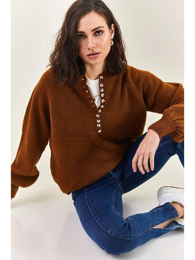 Women's Buttoned Fisherman's Ribbed Striped Knitwear Sweater-Brown - 1