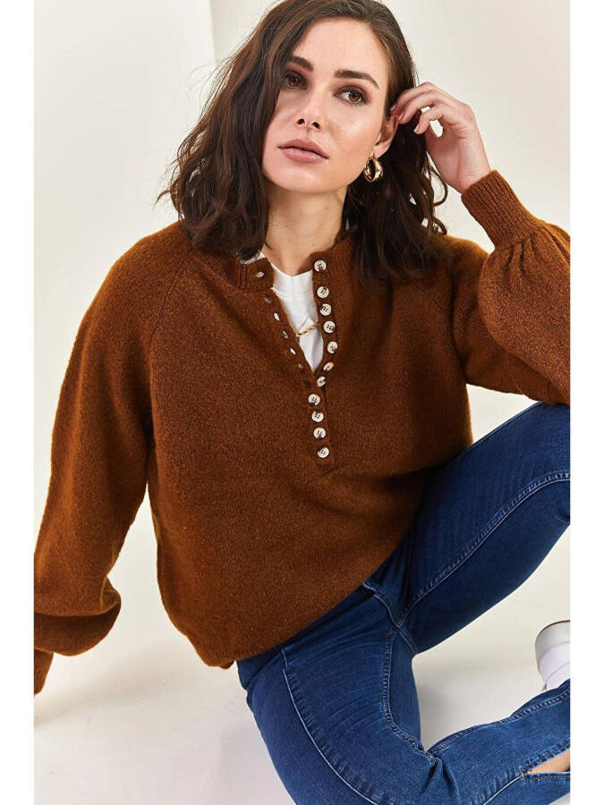 Women's Buttoned Fisherman's Ribbed Striped Knitwear Sweater-Brown - 2