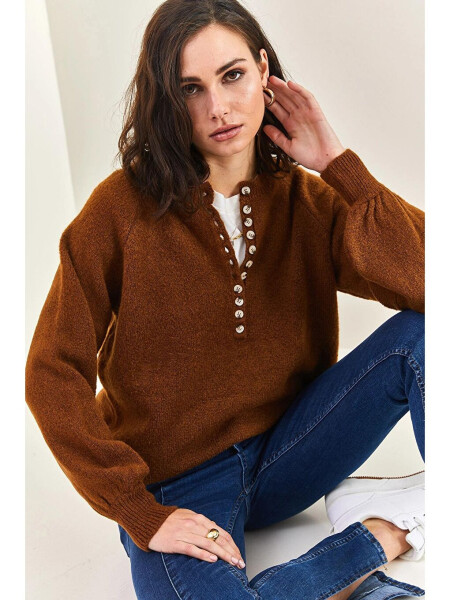 Women's Buttoned Fisherman's Ribbed Striped Knitwear Sweater-Brown - 3