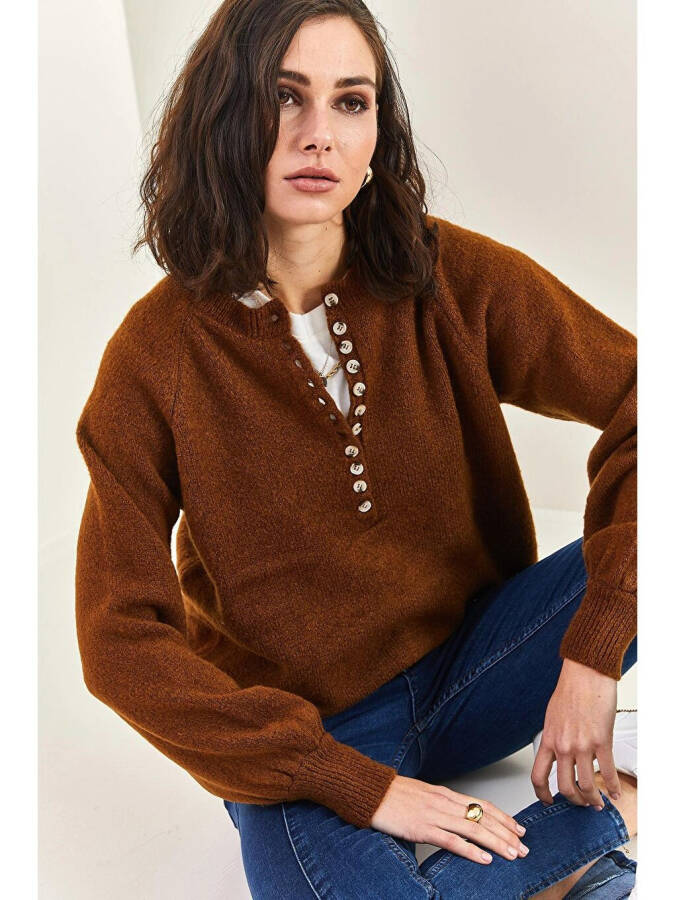 Women's Buttoned Fisherman's Ribbed Striped Knitwear Sweater-Brown - 4