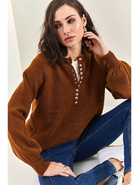 Women's Buttoned Fisherman's Ribbed Striped Knitwear Sweater-Brown - 5