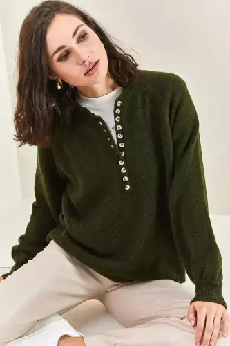 Women's Buttoned Fisherman's Ribbed Striped Knitwear Sweater-Forest Green - 1
