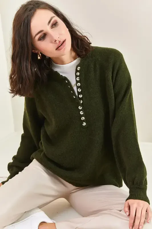 Women's Buttoned Fisherman's Ribbed Striped Knitwear Sweater-Forest Green - 1