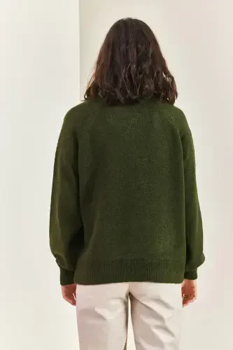 Women's Buttoned Fisherman's Ribbed Striped Knitwear Sweater-Forest Green - 3