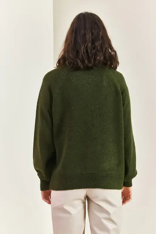 Women's Buttoned Fisherman's Ribbed Striped Knitwear Sweater-Forest Green - 3