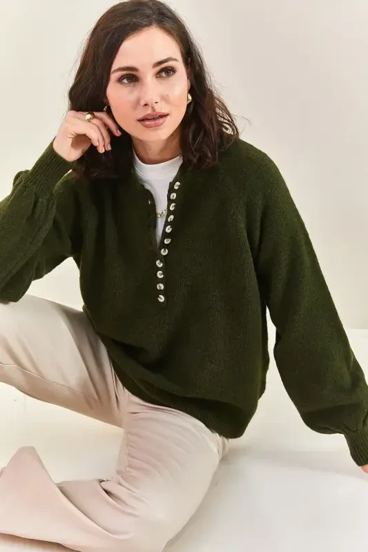 Women's Buttoned Fisherman's Ribbed Striped Knitwear Sweater-Forest Green - 4
