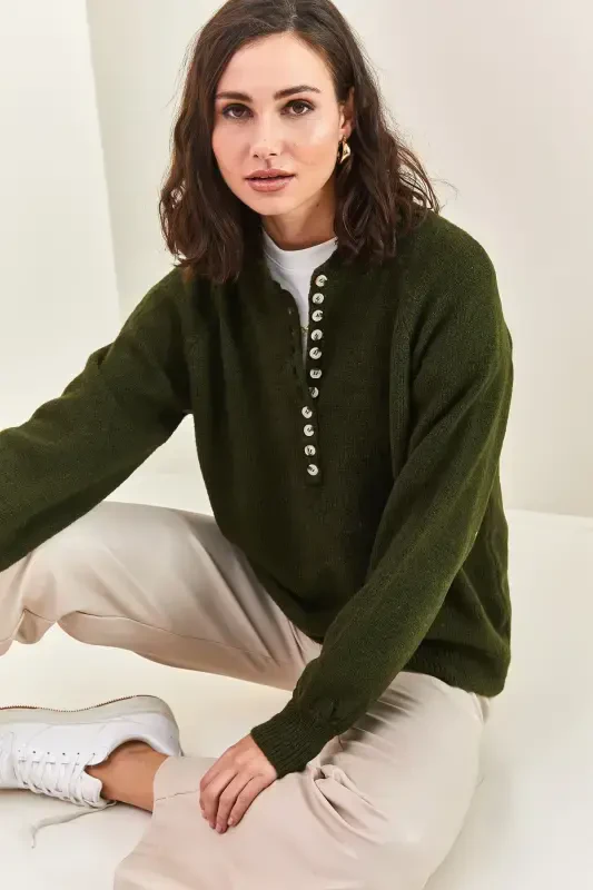 Women's Buttoned Fisherman's Ribbed Striped Knitwear Sweater-Forest Green - 5