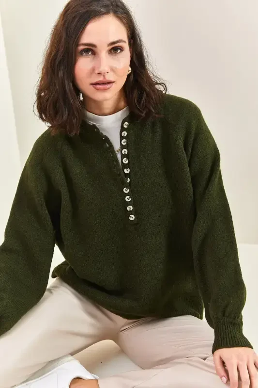 Women's Buttoned Fisherman's Ribbed Striped Knitwear Sweater-Forest Green - 6