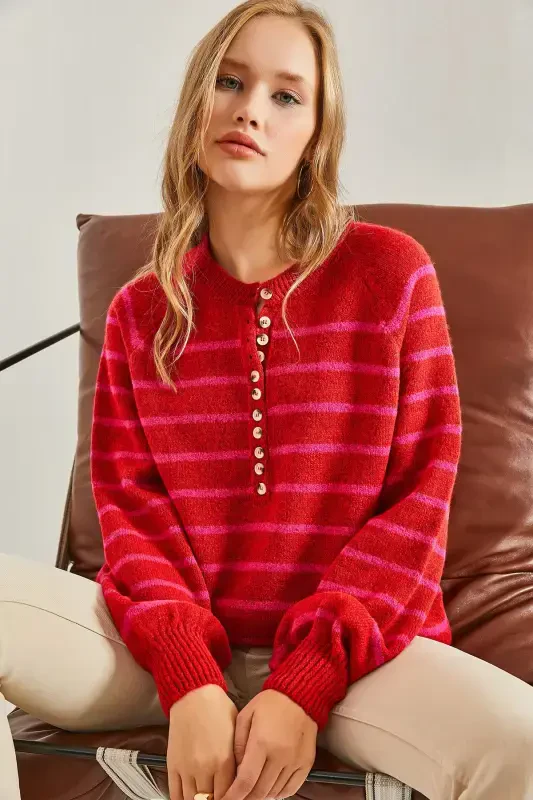 Women's Buttoned Fisherman's Ribbed Striped Knitwear Sweater-Red - BIANCO LUCCI