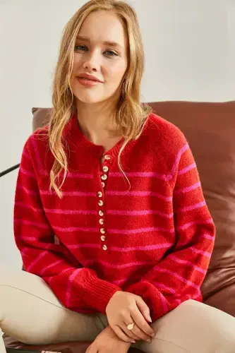 Women's Buttoned Fisherman's Ribbed Striped Knitwear Sweater-Red - 2