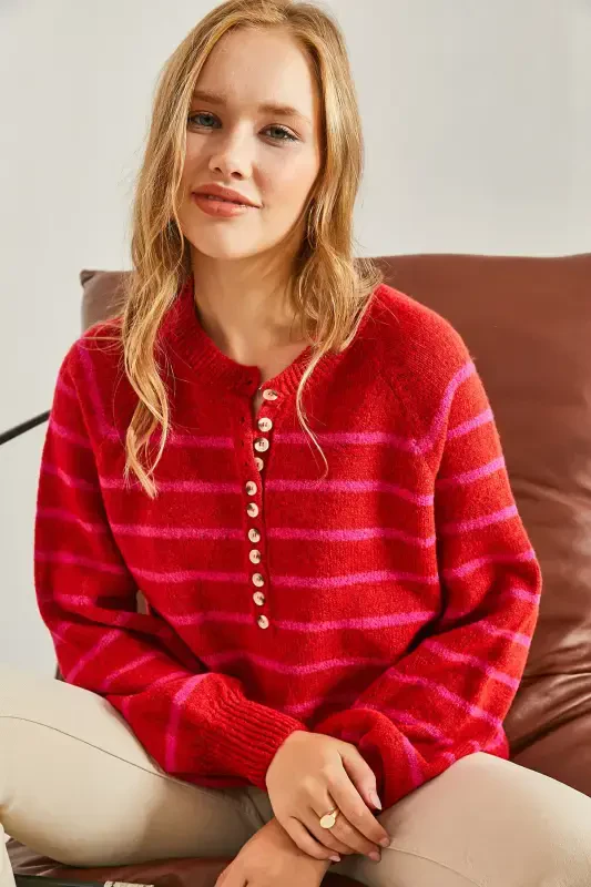 Women's Buttoned Fisherman's Ribbed Striped Knitwear Sweater-Red - 2