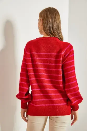 Women's Buttoned Fisherman's Ribbed Striped Knitwear Sweater-Red - 3