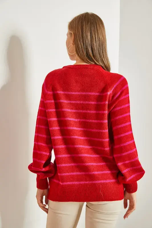 Women's Buttoned Fisherman's Ribbed Striped Knitwear Sweater-Red - 3