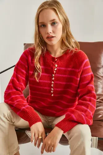 Women's Buttoned Fisherman's Ribbed Striped Knitwear Sweater-Red - 4