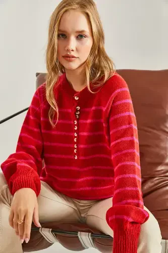 Women's Buttoned Fisherman's Ribbed Striped Knitwear Sweater-Red - 5