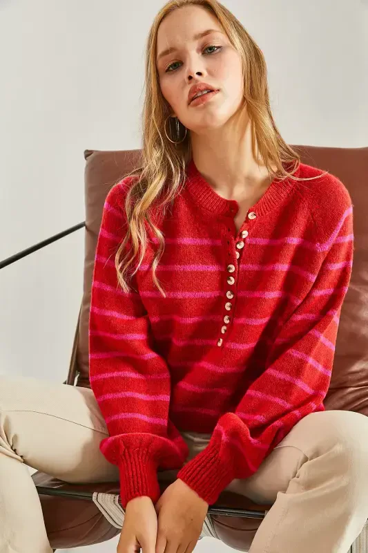 Women's Buttoned Fisherman's Ribbed Striped Knitwear Sweater-Red - 6
