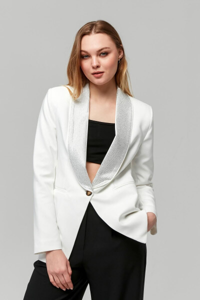 Women's Buttoned Jacket with Shiny Stone Trimmed Collar WHITE - 9