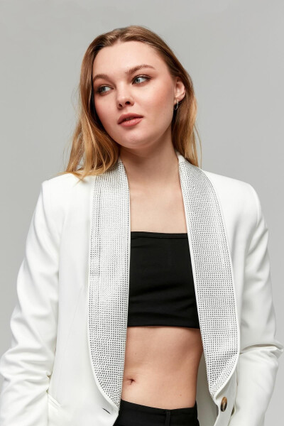 Women's Buttoned Jacket with Shiny Stone Trimmed Collar WHITE - 10