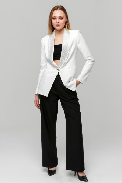 Women's Buttoned Jacket with Shiny Stone Trimmed Collar WHITE - 11