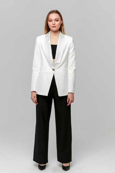 Women's Buttoned Jacket with Shiny Stone Trimmed Collar WHITE - 12