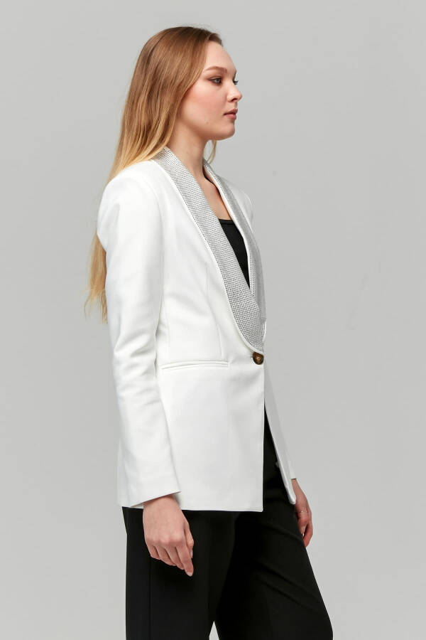 Women's Buttoned Jacket with Shiny Stone Trimmed Collar WHITE - 13