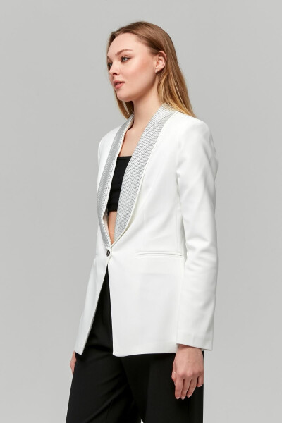 Women's Buttoned Jacket with Shiny Stone Trimmed Collar WHITE - 14