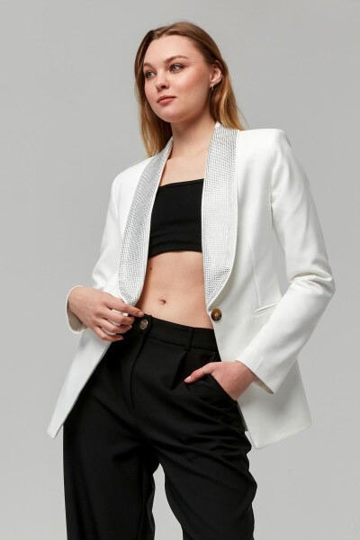 Women's Buttoned Jacket with Shiny Stone Trimmed Collar WHITE - 15