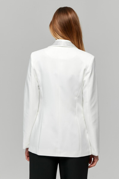 Women's Buttoned Jacket with Shiny Stone Trimmed Collar WHITE - 16