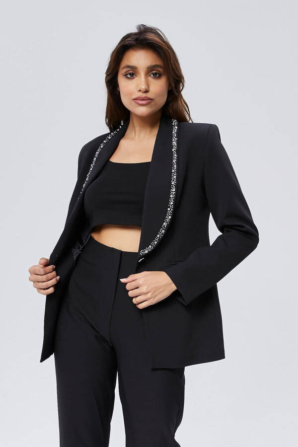 Women's Buttoned Jacket with Stone Embellished Collar BLACK - 9