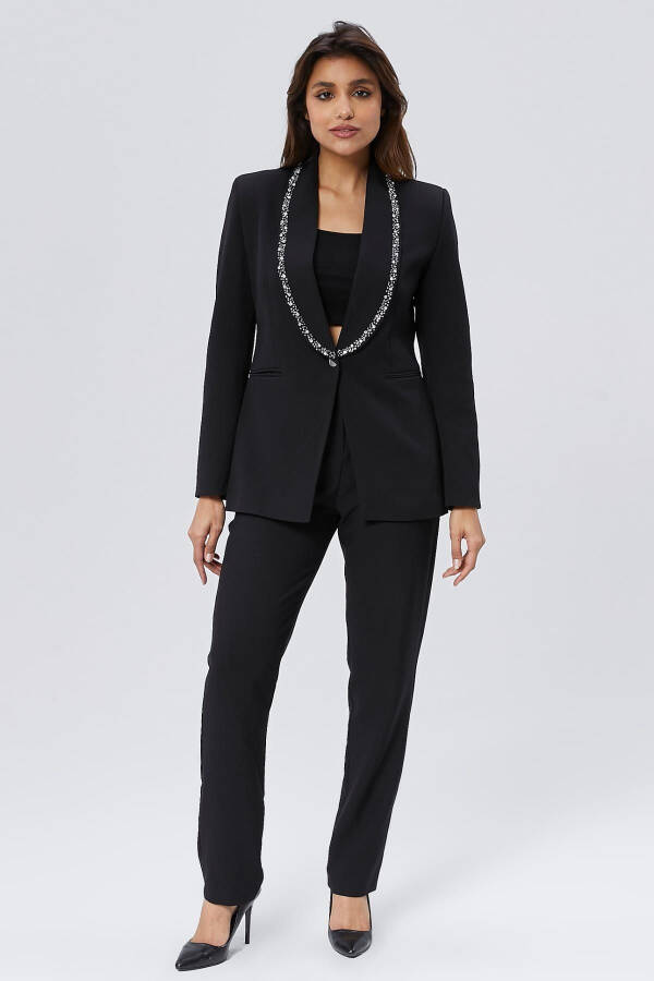 Women's Buttoned Jacket with Stone Embellished Collar BLACK - 10