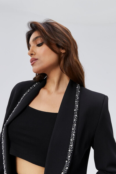 Women's Buttoned Jacket with Stone Embellished Collar BLACK - 13