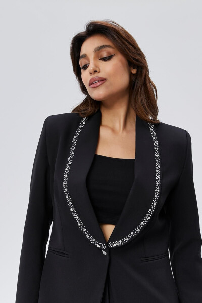 Women's Buttoned Jacket with Stone Embellished Collar BLACK - 15