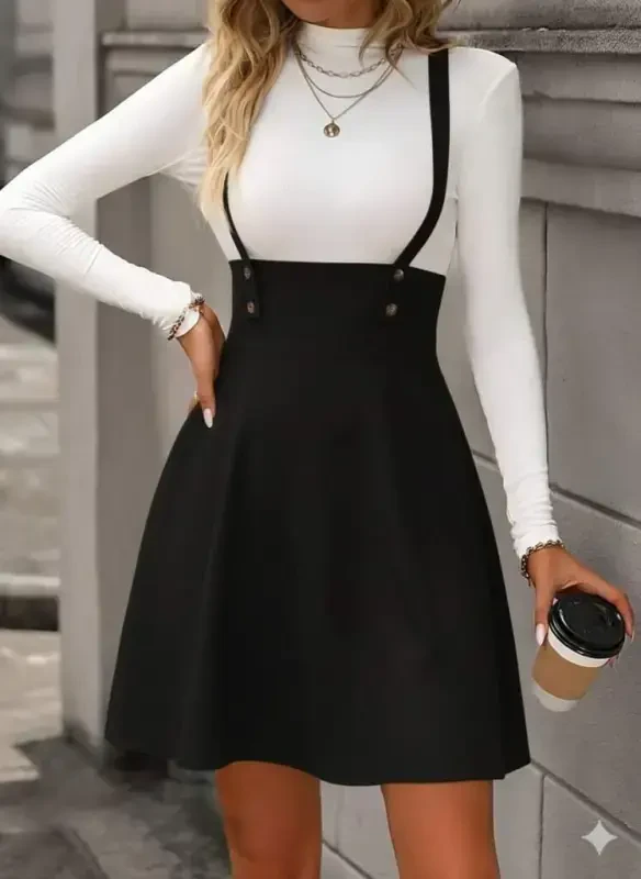 Women's Buttoned Mini Suede Dress with Straps - 1