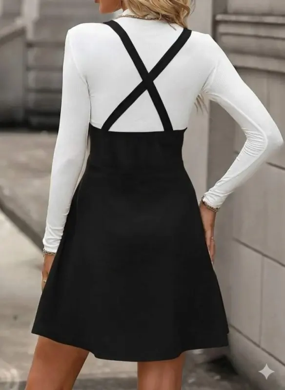 Women's Buttoned Mini Suede Dress with Straps - 2