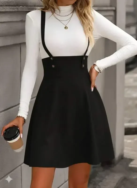 Women's Buttoned Mini Suede Dress with Straps - 3