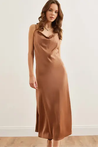 Women's Camel Adjustable Strap Midi Satin Dress 