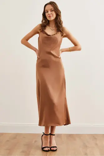 Women's Camel Adjustable Strap Midi Satin Dress - OLALOOK (1)