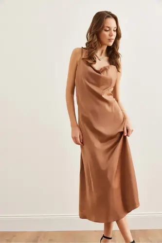 Women's Camel Adjustable Strap Midi Satin Dress - 3