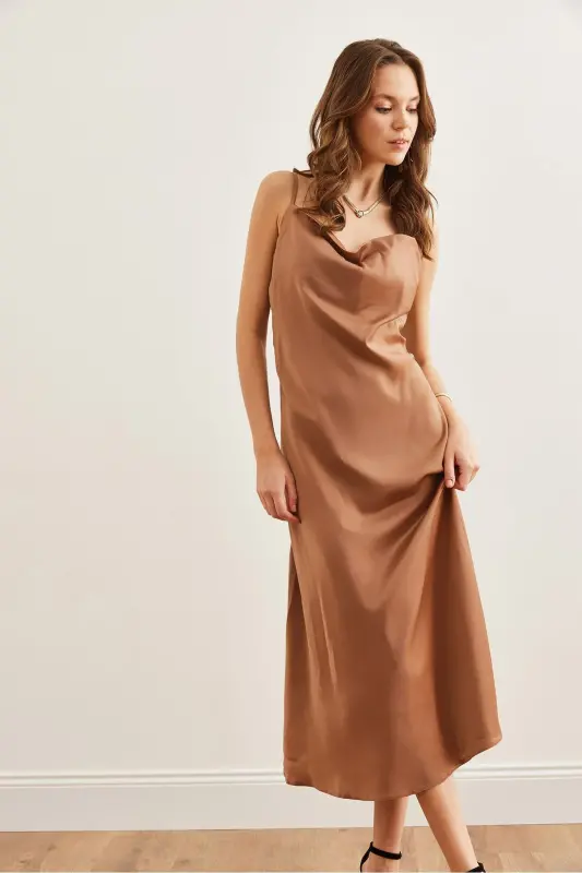 Women's Camel Adjustable Strap Midi Satin Dress - 3