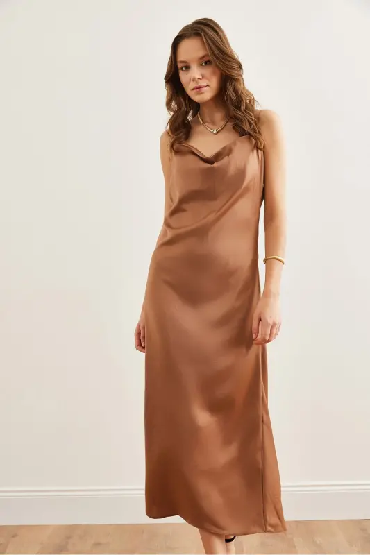 Women's Camel Adjustable Strap Midi Satin Dress - 4
