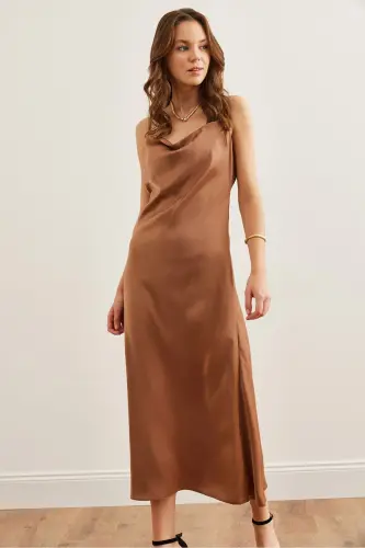 Women's Camel Adjustable Strap Midi Satin Dress - 5