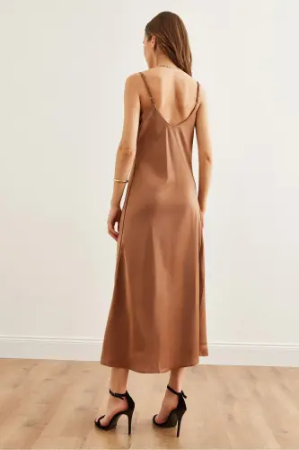Women's Camel Adjustable Strap Midi Satin Dress - 6