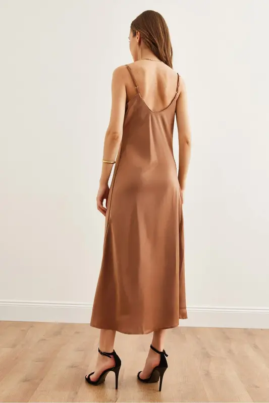 Women's Camel Adjustable Strap Midi Satin Dress - 6